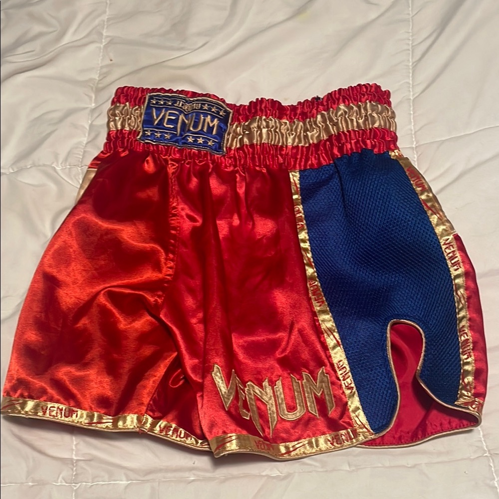 Red and Blue Boxing Shorts with Elastic Waistband and Gold Trim